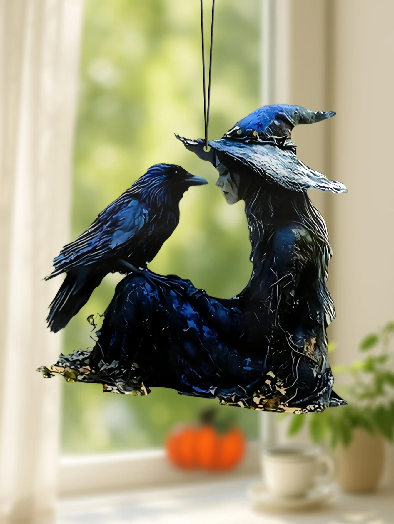 Acryl Schwarz & Blau Hexe & Rabe Hängende Ornamente Fenster Anhänger Gothic Halloween Sonnenfänger Wanddekoration für Zuhause & Party
