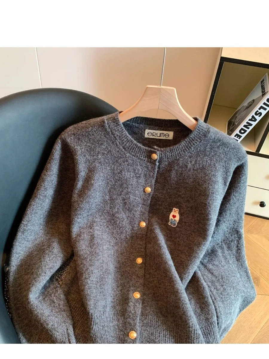 Anti-Aging Bear Embroidery Sweater Cardigan Women's Autumn Winter Single Button round Ne Casual Long Sve Sweater Jaet
