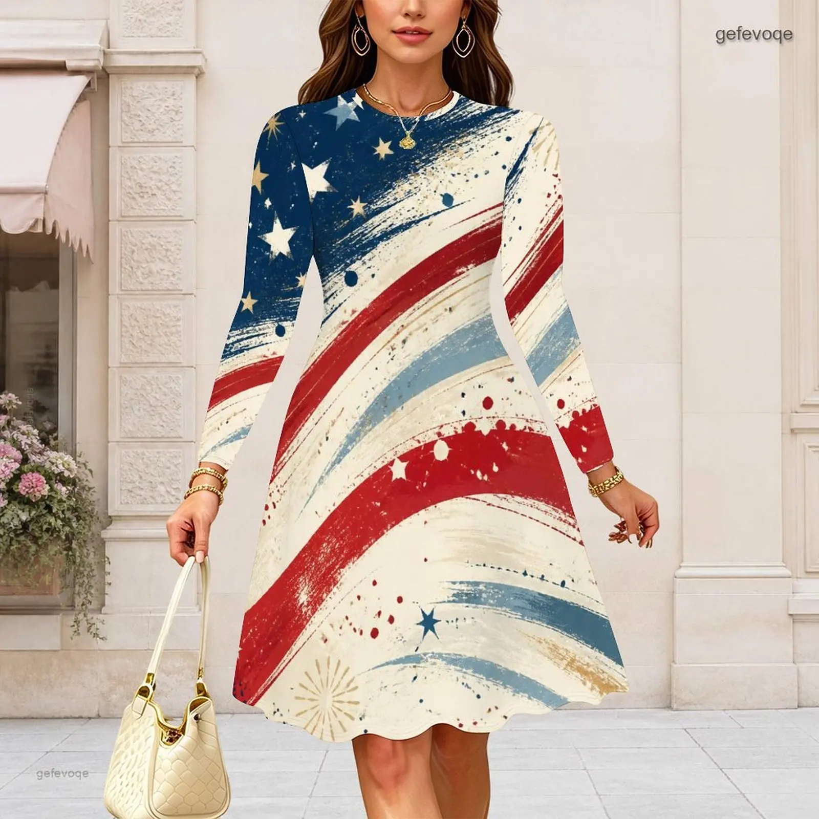 Women Round Neck Long Sleeve Midi Dress Slim Fit Waist A Line Swing Dresses Custom Print Lady Daily Party Dress