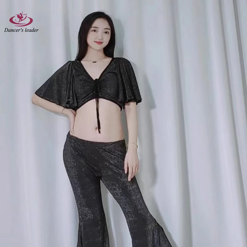 

Belly Dance Black Silver Spandex Mesh Lotus Leaf Sleeve Pants Group Clothing Women's Slim-fit All-match Performance Clothing