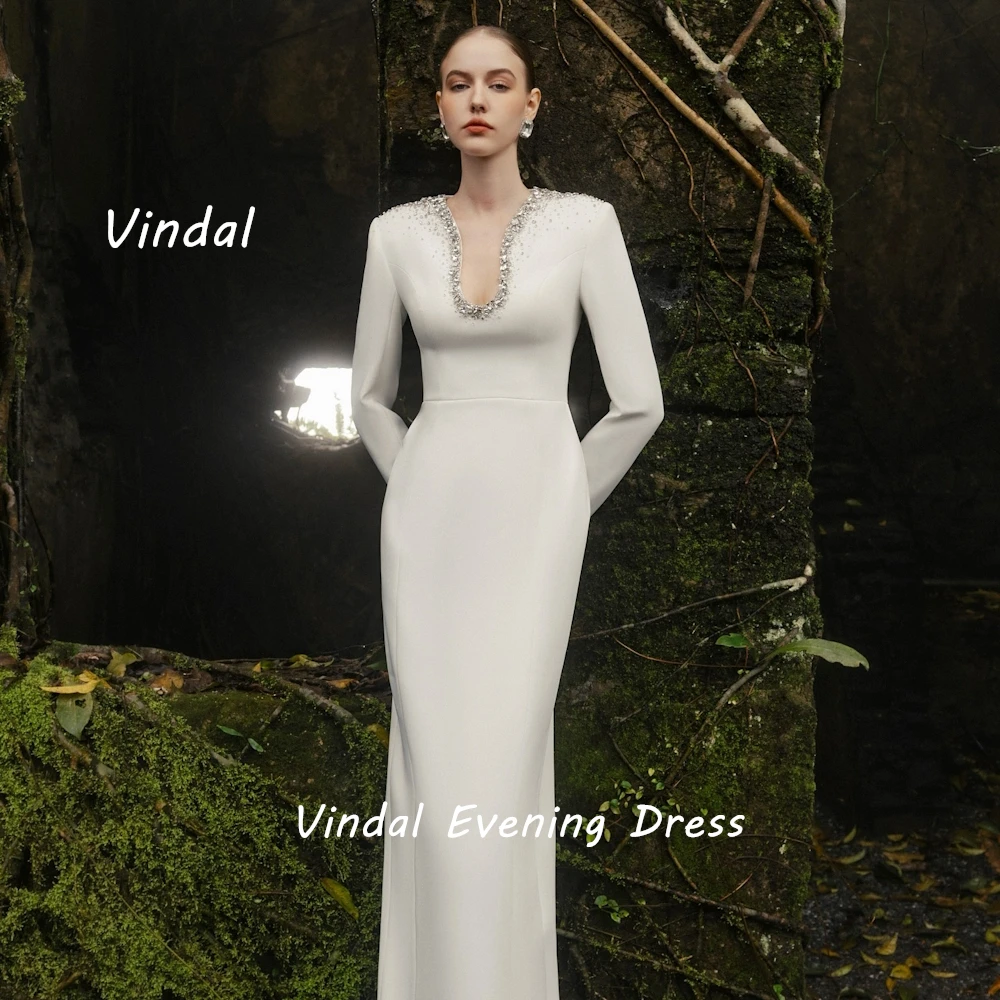 Vindal Floor length V-Neck luxurious Fashion Straight Beaded Crepe Breast Padding Elegant Long Sleeves السعود For Woman 2024
