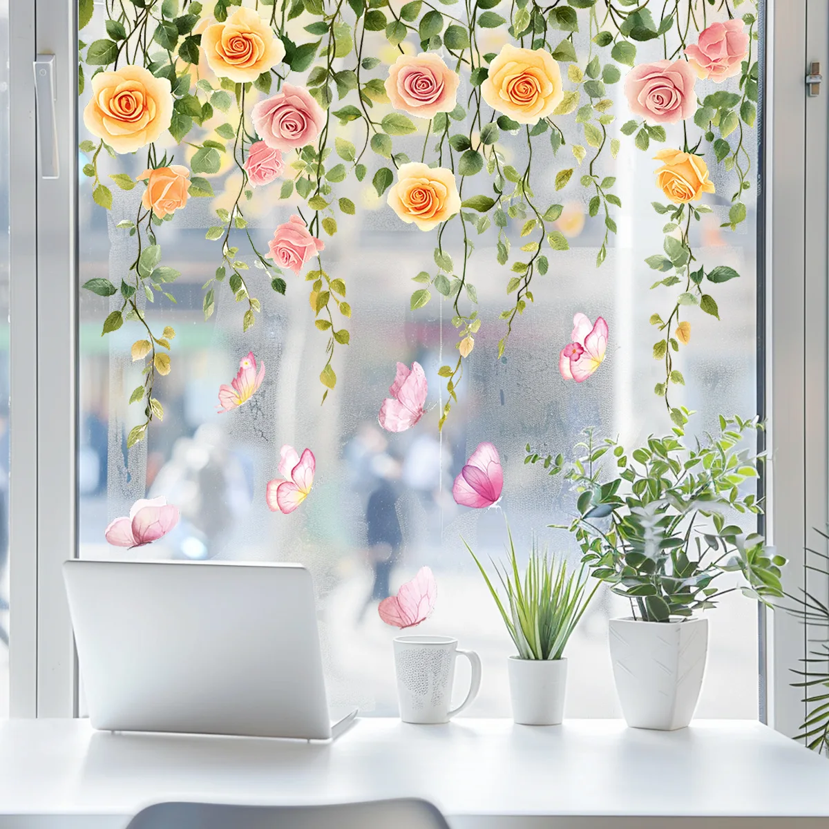 Blumen, Ranken, Schmetterlinge, Glasfenster, Heim- und Landschaftsgestaltung, Dekoration, selbstklebende Fensteraufkleber, Dekoration für Zuhause, Schlafzimmer, Küche