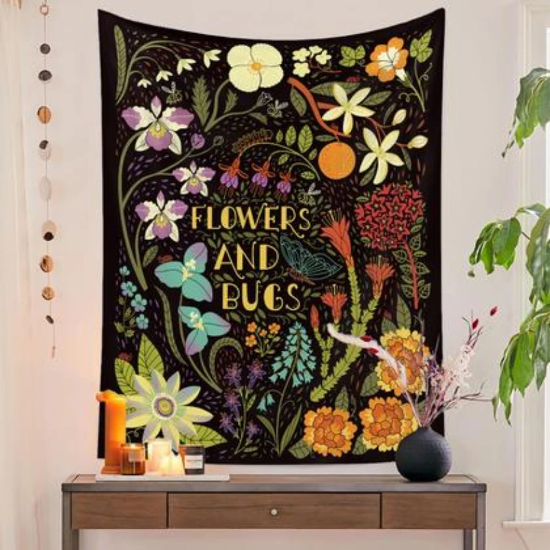 VIKAMA Retro Flower Insect Tapestry Bohemian Plant Wall Tapestry Wall Hanging Bedroom Dormitory Living Room Home Decoration