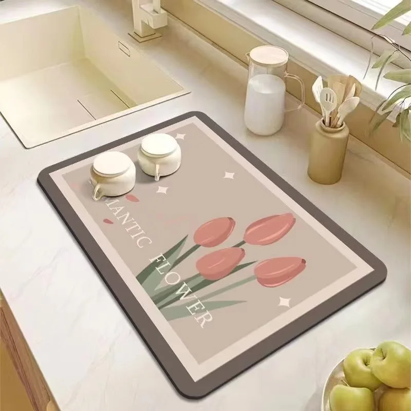 Tulip Print Absorbent Kitchen Mat Quick Dry Dish Drying Pad