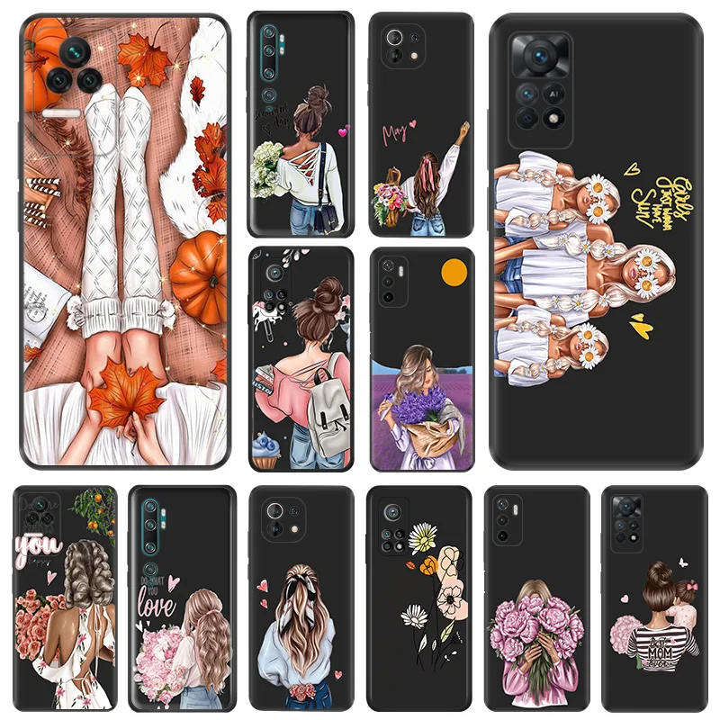 Matte Phone Case For Redmi Note 11Pro 10 11s 10s 10a 10c Xiaomi 11t 10t Note10 Chrysanthemum Lavender Rose Girl Black Soft Cover