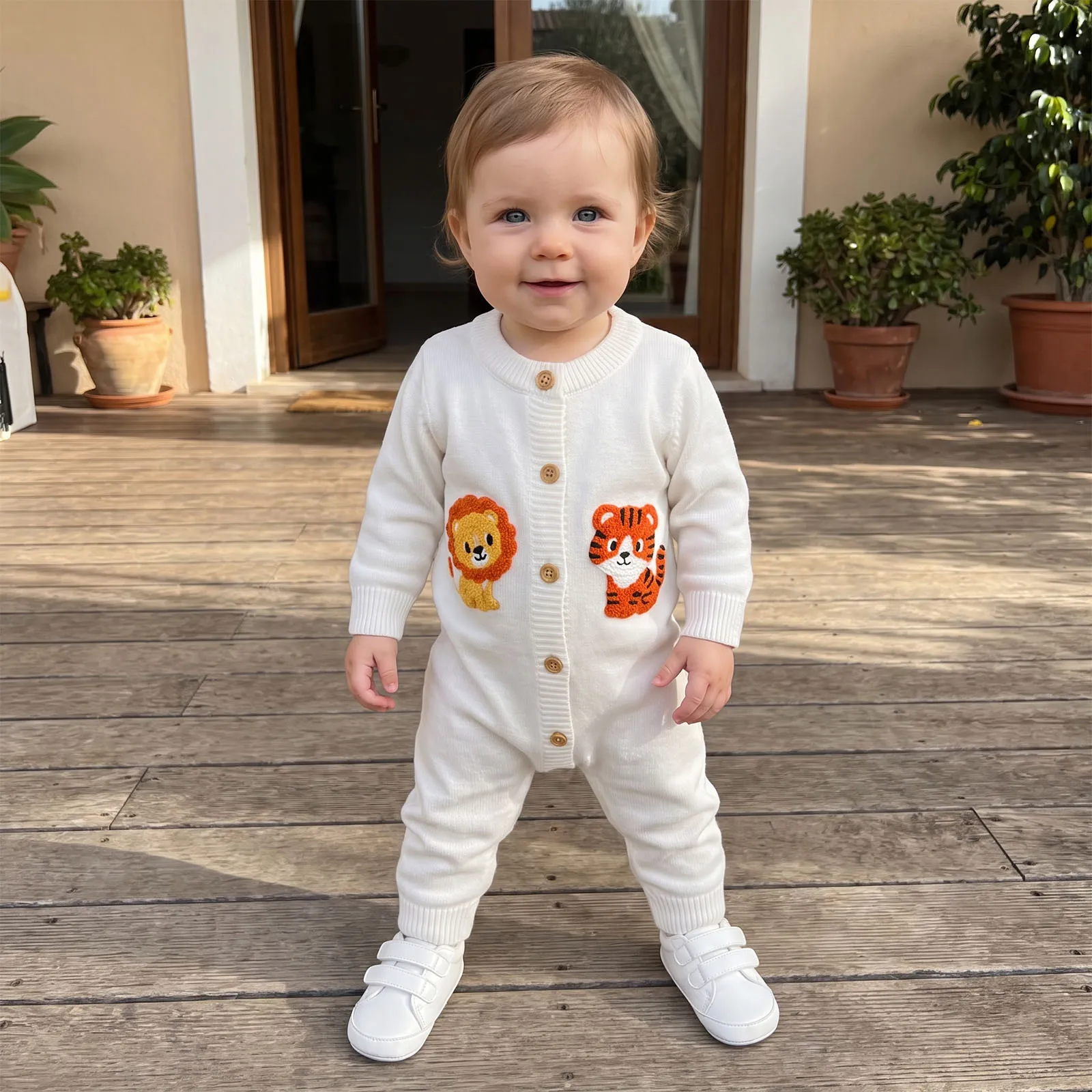 Baby Boy Sweater Romper Lion Tiger Embroidery Crew Neck Knit Bodysuits