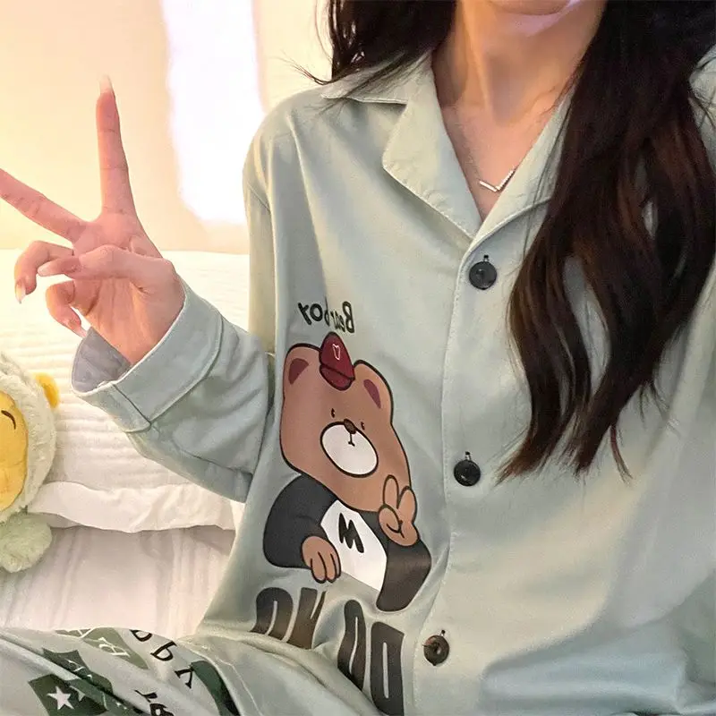 2024 New Sleepwear Spring Autumn Women Long-Sleeved Trousers Sweet Cute Bear Pajamas Suit Female Large Size Casual Homewear Suit