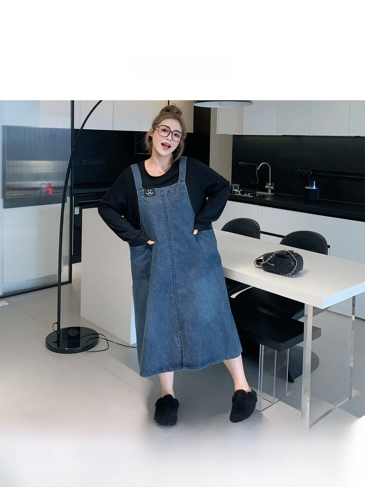 Slimming Effectiven Large Size Denim Patchwork Dr High Waist A-Line Long Sve Women's Autumn Casual Faion Dr