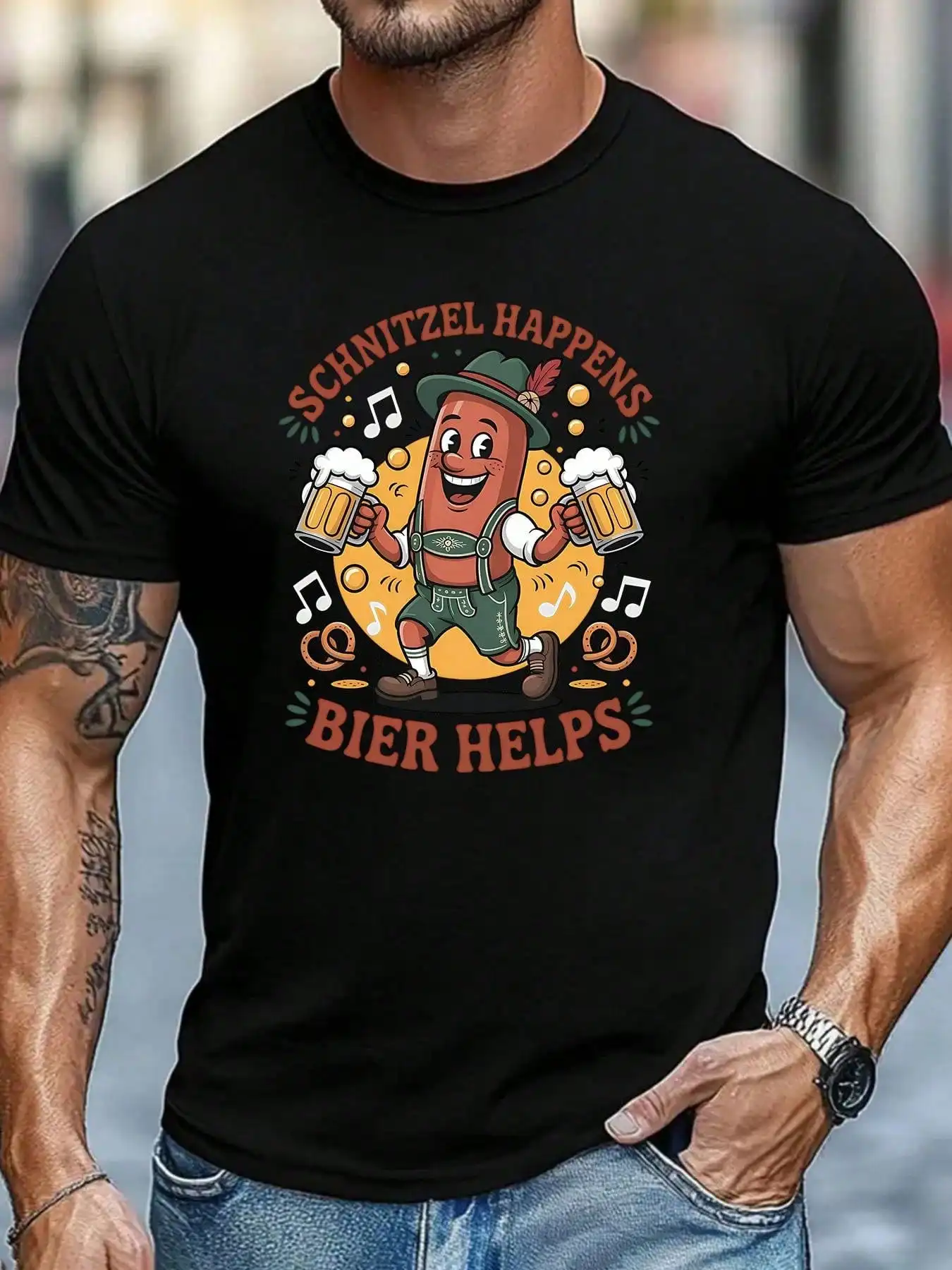 

Футболка Schnitzel Happens Bier Helps Men's в стиле ретро для немецкого пивного фестиваля — забавная футболка с графическим принтом на Октоберфесте и музыкальными нотами