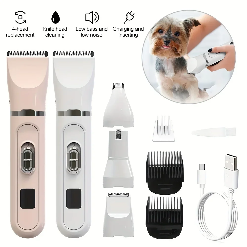 

USB Rechargeable PET Grooming Kit - 4-in-1 Dog & Cat Hair Trimmer with Nail Grinder and Shaver, Lithium Battery Powered barber