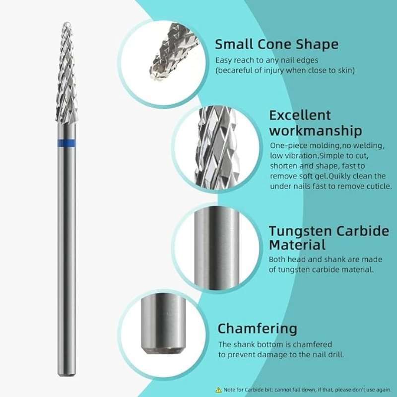 Broca de unha de carboneto de tungstênio, cone de 3mm para ponta de unha falsa e unhas nativas, acessório de esmalte de borda, ferramenta de esmalte em gel de pele morta