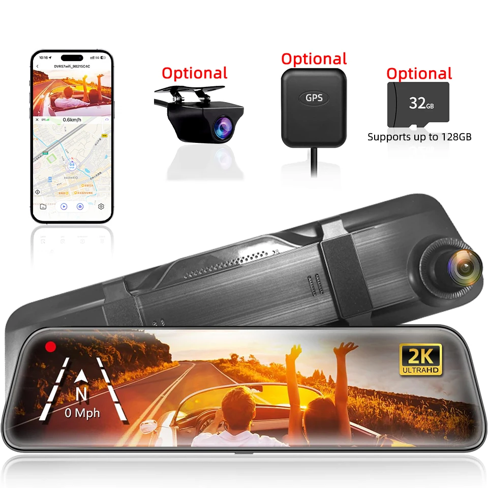 12 Inch 4K Mirror Dashcam Backup Camera WiFi GPS Suitable For Cars Trucks Optional Dual Cameras Night Vision Parking Assistance
