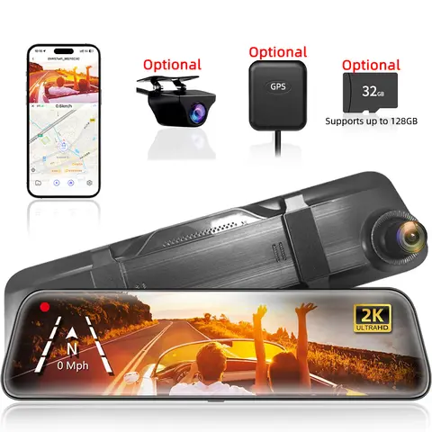 12인치 4K 미러형 블랙박스 후방 카메라 WiFi GPS 자동차 트럭용 (옵션 듀얼 카메라 야간 시야 주차 보조 기능 포함)
