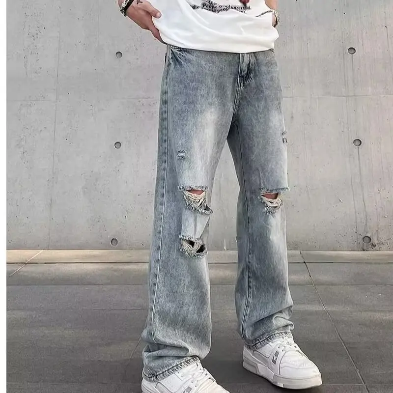 Ripped Jeans for Men2024New Trendy Pu Handsome Wide-Leg Pants Summer Thin Fashion Loose Straight Pants