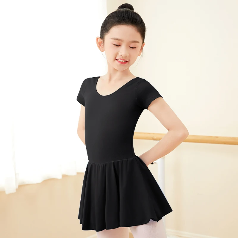 Kids Short‑Sleeve Ballet Tutu Leotard Black Stretchy Bodysuit with Fluffy Skirt Ideal for Gymnastics Skating & Party Performance