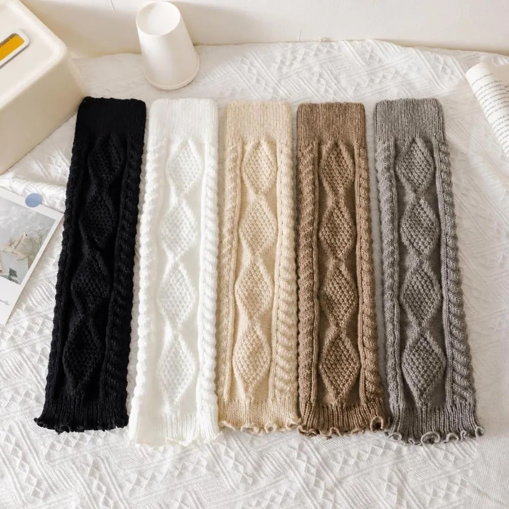 Lolita Knitted Knee Socks Solid Color Vertical Stripe Knee Sleeves Stacked Crochet Design Leg Cover For Women