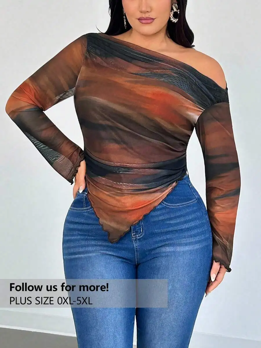 

Блузка женская больших размеров с асимметричным вырезом на одно плечо, длинным рукавом, драпировкой и прозрачным принтом