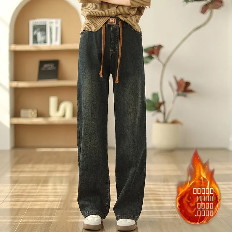 

plus Size Women's Fce Lined Casual Pants Thi High Waist Straight Leg Jeans Autumn Winter New Sle Comfortable Wide Leg ...