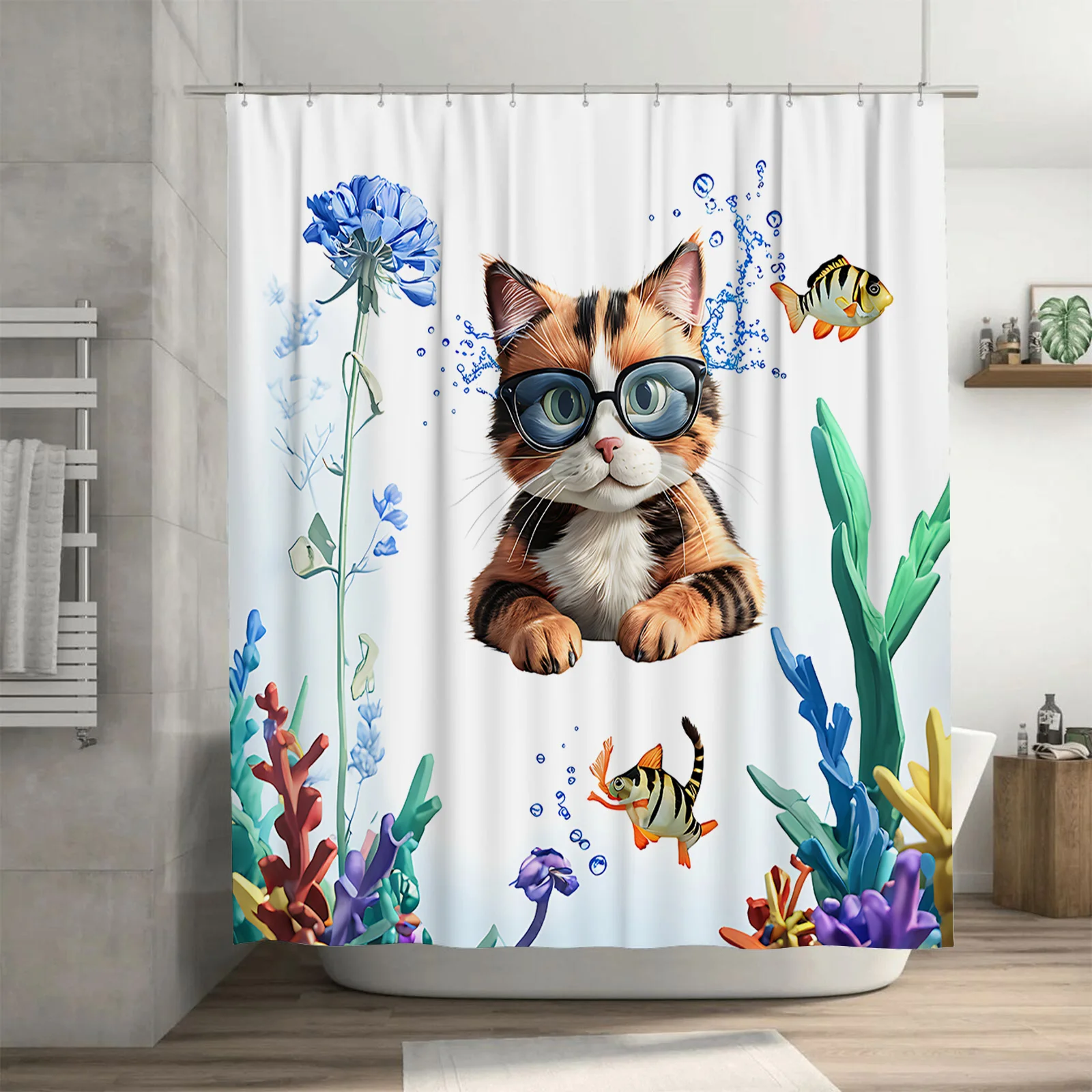 Underwater World Cute Cat Shower Curtain for Bathroom Decor - Creative and Fun Design Easy to Install and Maintain Easy-Clean