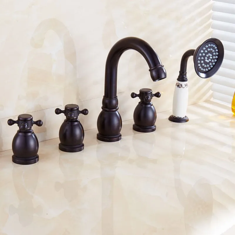 MTTUZK Brushed Black Antique Copper 5 piece Bathtub Faucet Hot Cold Mixer Sink faucet 3 handle 5 hole Bathtub Faucet With Shower