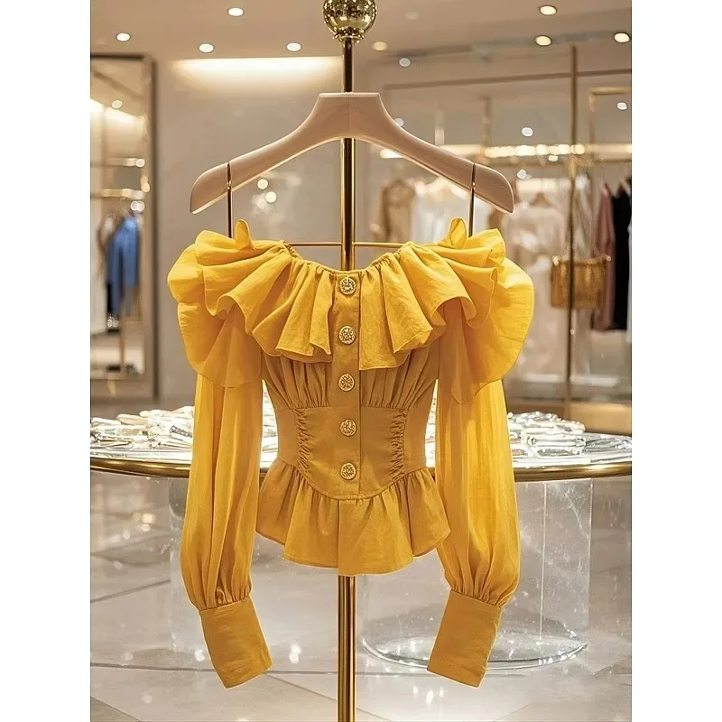 

Shirts for Women 2025 New Popular Style Ruffled Stitching One-shoulder Tops