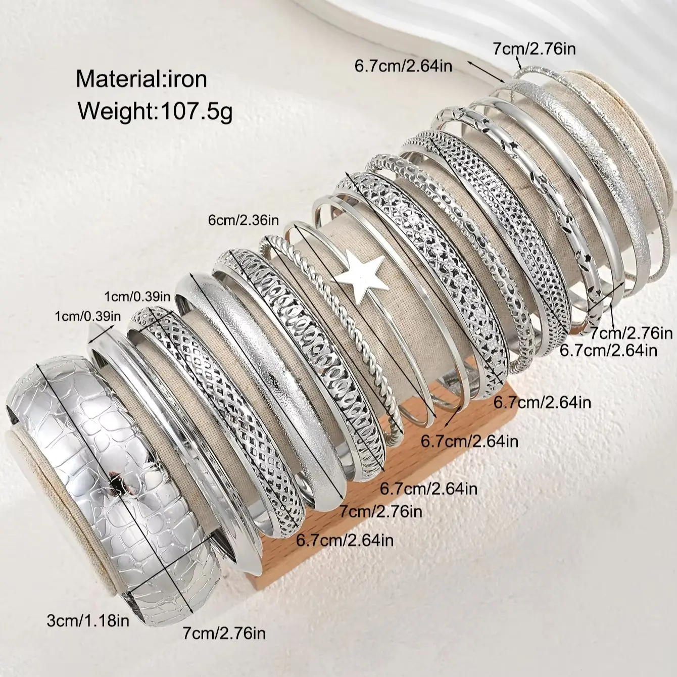15-teiliges Vintage-Muster Metall-Armreif-Set für Frauen, Silberfarben, Boho Stapelbare Armreifen mit Sternanhänger, Statement-Schmuck Geschenke – Detail 7
