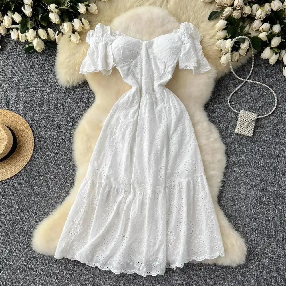 Elegant vintage Chic Embroidery cut out ruffle Dress A-line Casual Sleeve Spring Summer Vacation sweet dresses