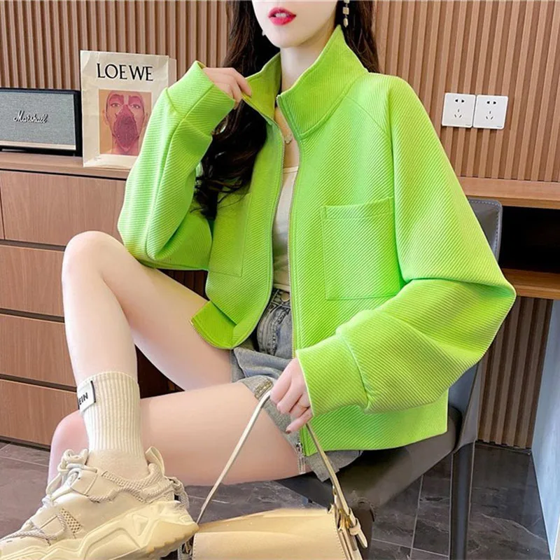 

Женская толстовка с капюшоном, дизайнерская карманная однотонная куртка с воротником-стойкой, весна-осень 202, новое свободное короткое верхнее пальто