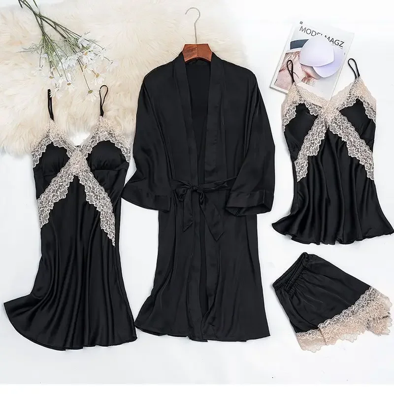 Summer Pyjamas with Breast Pad Women Spring and Autumn Sexy Five-piece Ice Silk Thin Lace Slip Nightdress Nightgown Home Wear