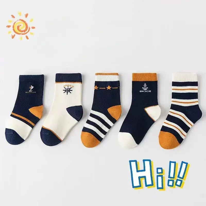 5Pairs Fashion Stripe Boys Sport Socks Autumn Winter Children Mid Tube Sock Thicken Cotton Baby Warm Sock 1-6year Kids Footwear