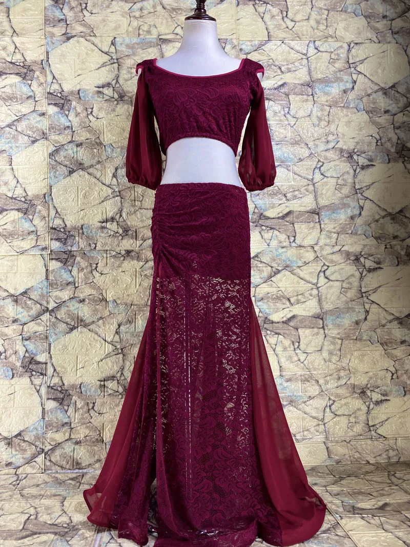 Belly Dance Practice Training Clothes Cut out Lace Splicing Top Skirt Set Women Oriental Indian Dancing Beginners Stage Wear