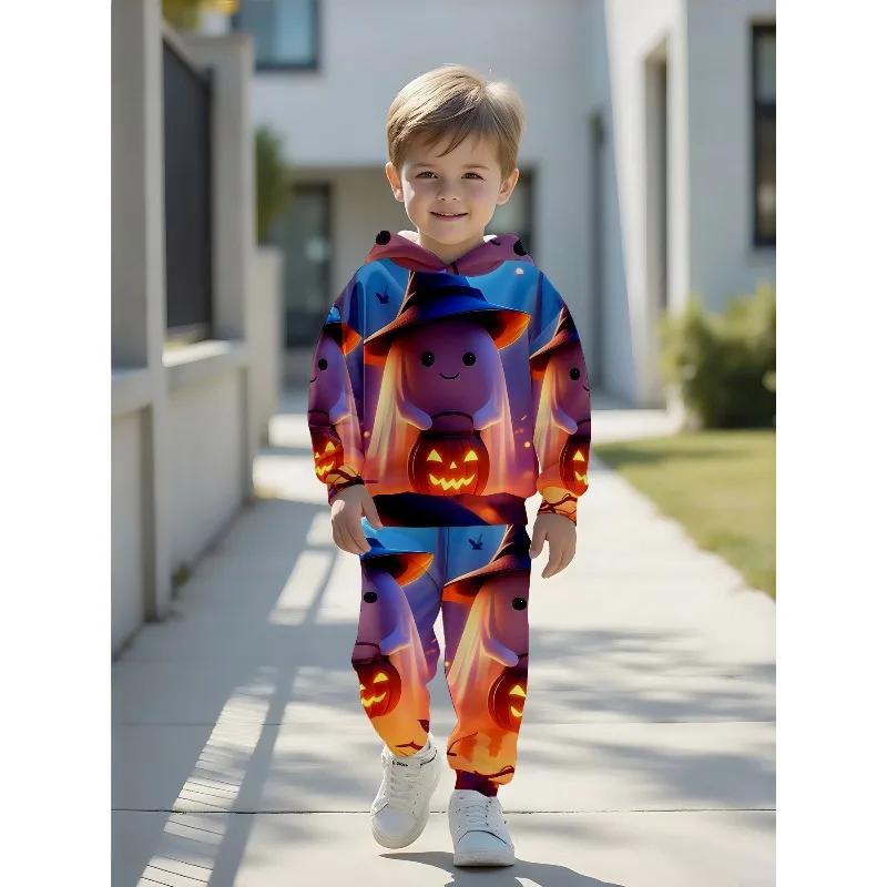Unisex Toddler Hooded Jogger 2Pcs Tracksuit, Witch Ghost, Alien Cat, Bat Web, Neon Bear, Flame Ghost, Glow Ghost Kids Outfit