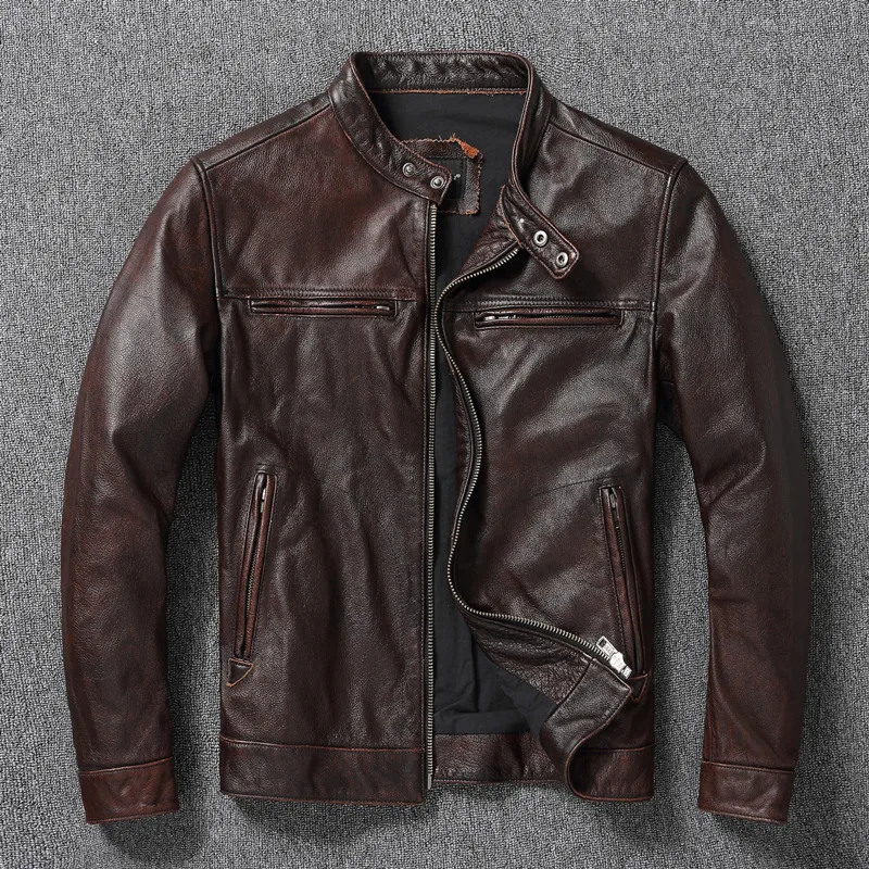 

Ретро потертая кожаная куртка из воловьей кожи, мужская куртка из натуральной кожи, мотоциклетная куртка, молодежное облегающее пальто без подкладки, модное