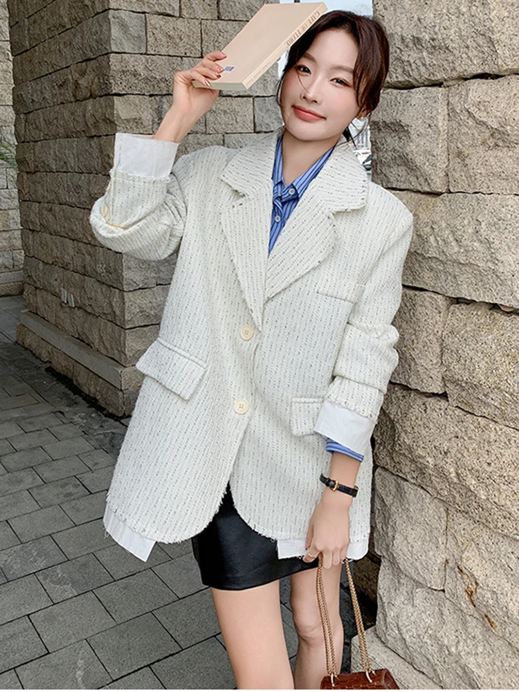 LANMREM Autumn Korean Version Fringed Patchwork Loose Blazer For Women Nocthed Collar Single Breasted Chic Coat 2DA8024