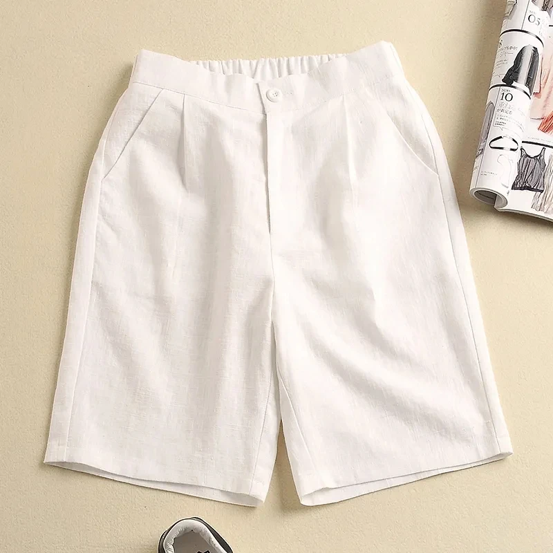 Khaki Solid Linen Cotton Elastic High Waist Wide Leg Button Loose Women's Shorts Korean Fashion Summer Shorts Women JJ116