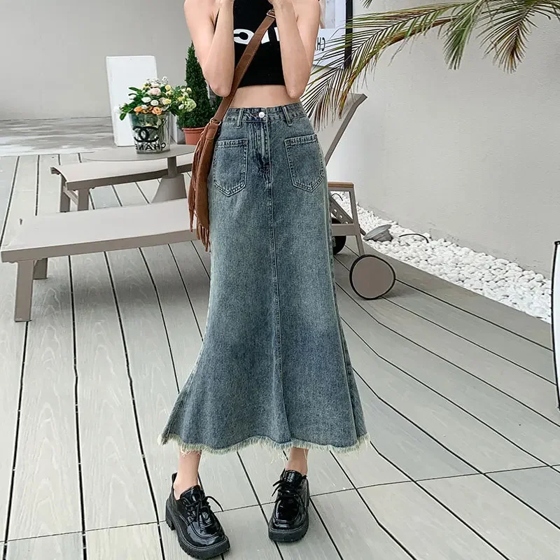 

High Waist Pockets Retro Hip Slim Trumpet Mermaid Denim Midi Long Skirt Vintage Y2K Female Plaid Skirt Women Autumn Basics Dress