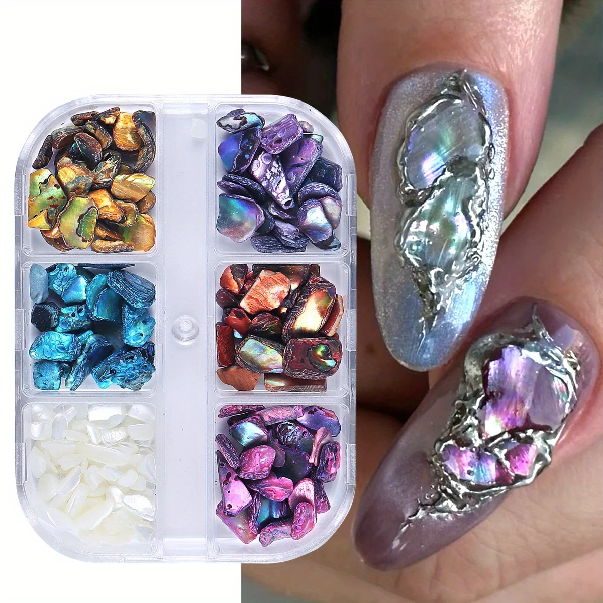 6Grids Natürliche Abalone Stein Nagel Dekoration Aurora Shell Perle Wirkung Unregelmäßigen Edelstein Luxus Retro Stil Schmuck Zubehör
