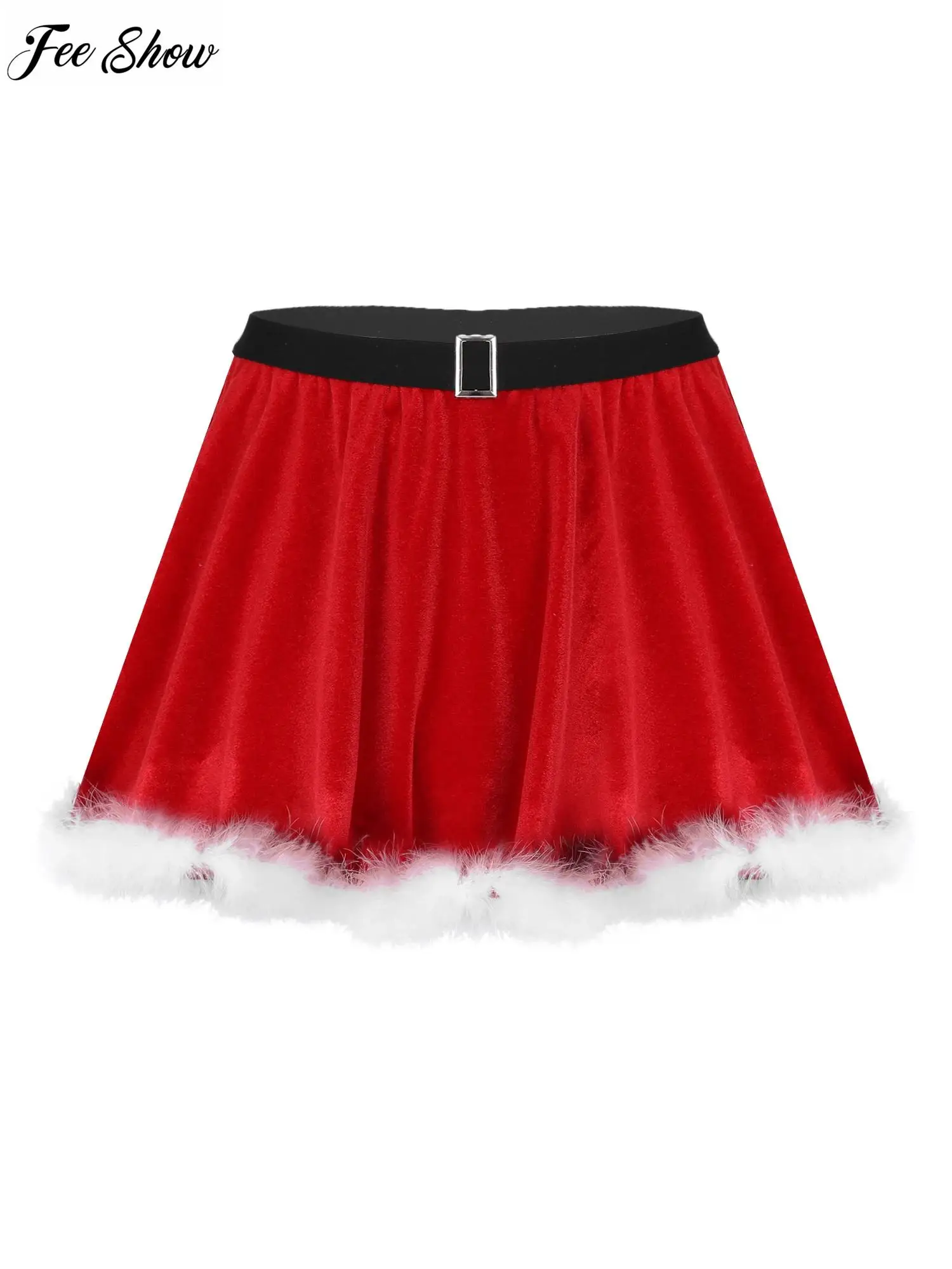 Men's Mr Santa Claus Costumes Feather Trimming Velvet Christmas Skirt Elastic Waistband Miniskirt Sissy Crossdresser Nightwear