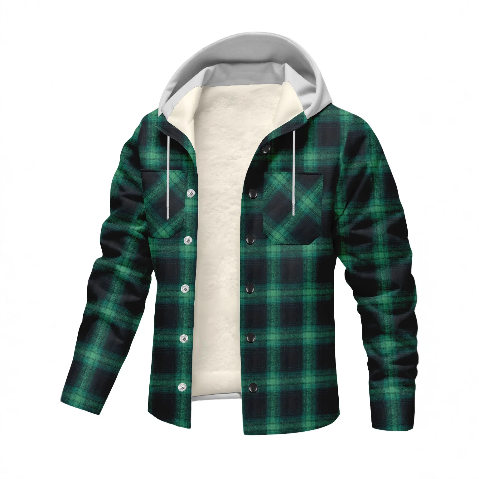 

New men's fall and winter casual stylish warm hooded sport coat, classic check pattern with fleece fabric, pocketed sport coat