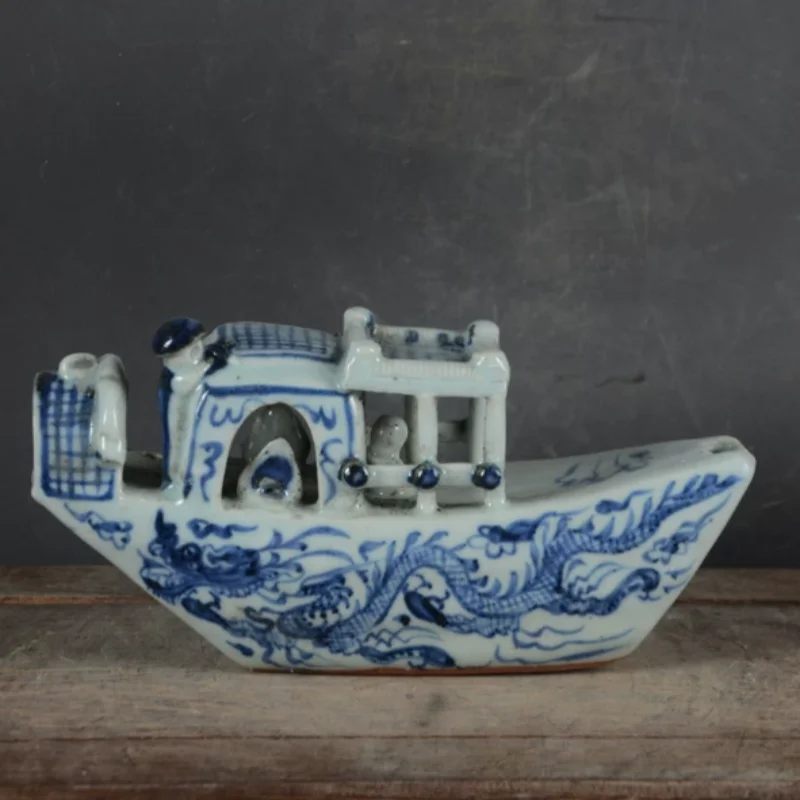Antique ceramic blue and white dragon pattern small boat model ornament home desktop decoration modern exquisite handicrafts
