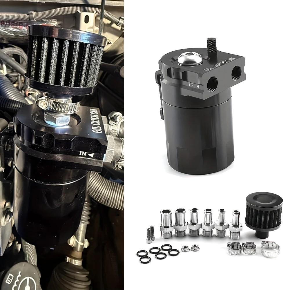 

Universal Car Baffled Oil Catch Can Tank Kit with Filter Kit Cylinder Aluminum Engine Air Oil Separator Tank Reservoir Kit