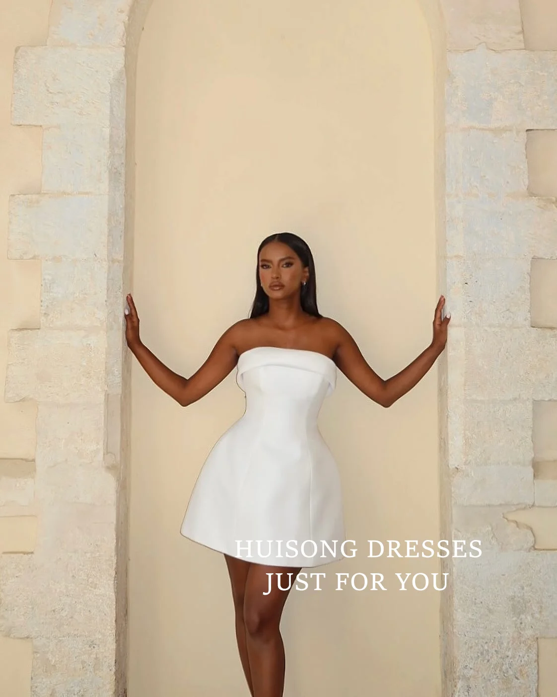 

HUISONG Customized Short Satin Wedding Dresses Sleeveless Beach Mini Bridal Gown שמלת כלה Wedding Party Dress