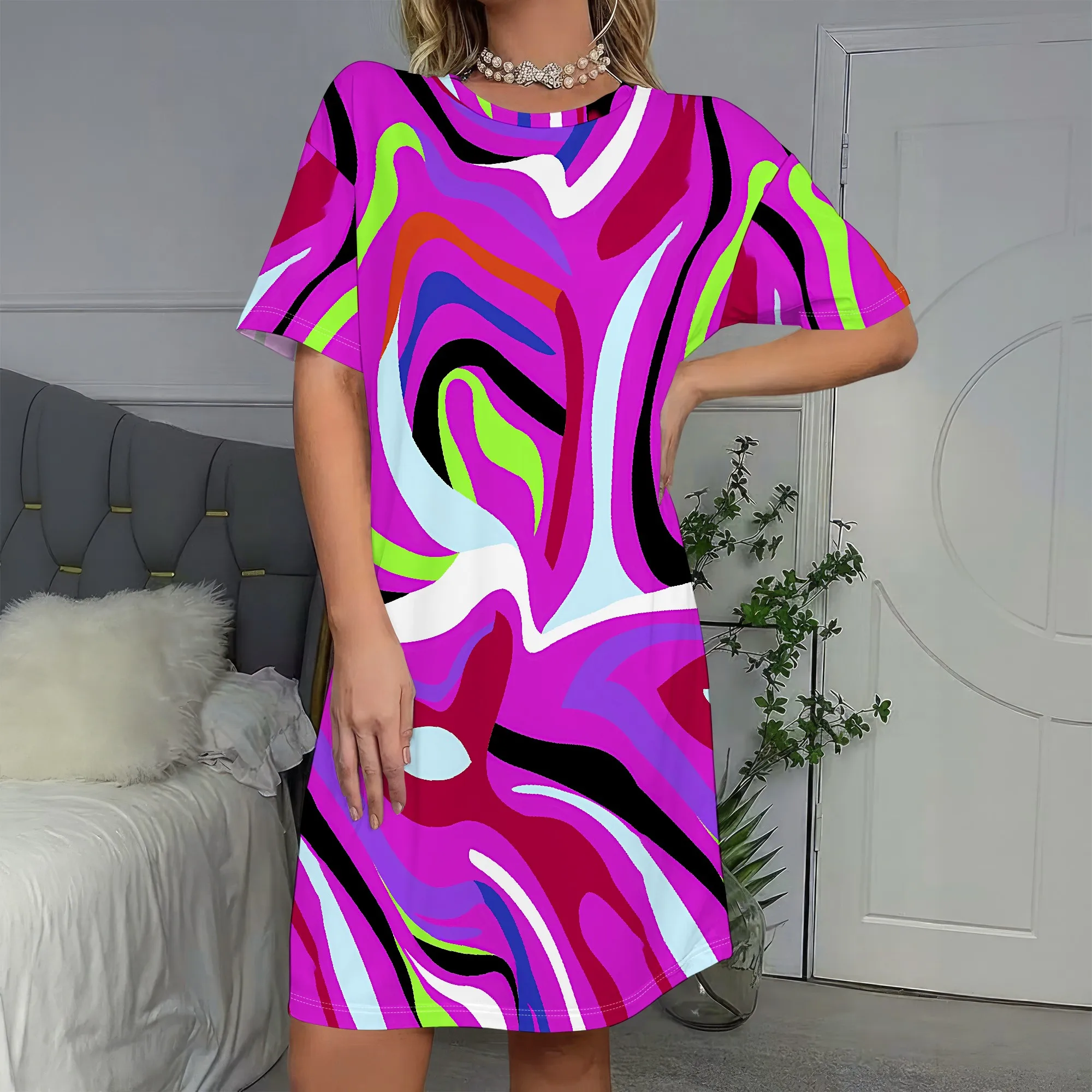 

Psychedelic Print, Short Sleeve Dress, Abstract Swirls, Vibrant Colors, Casual Wear, S-2XL