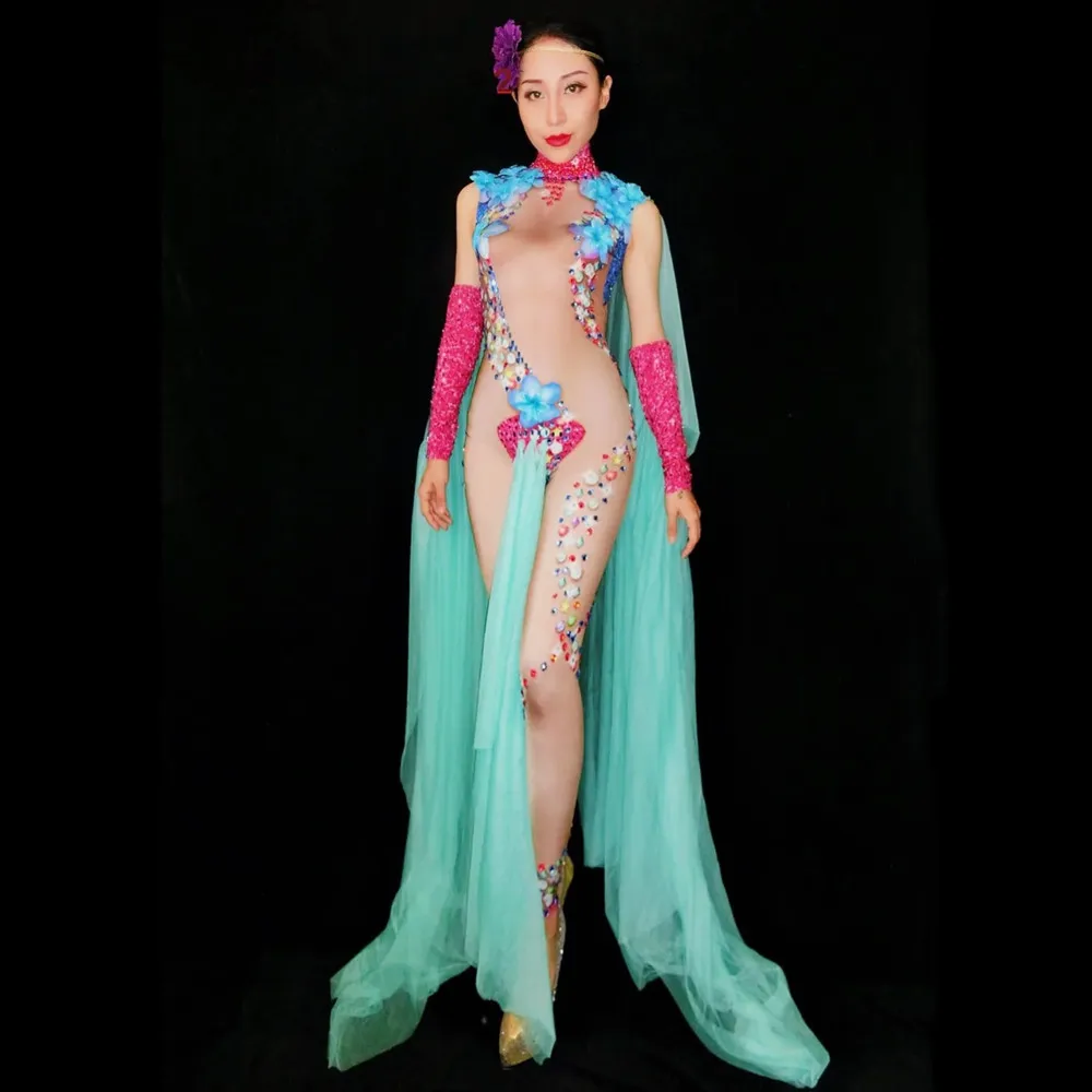 Kolorowy Kryształowy Kombinezon z Kwiatami dla Piosenkarki, Tancerki, na Koncert, Występ Sceniczny, Imprezę, Kostium Drag Queen