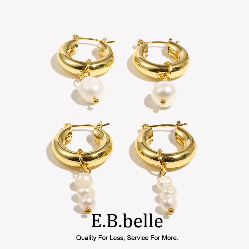 E.B.belle Pearl Earrings for Ladies Fashion Freshwater Pearl Charm Chunky 14K Gold Plated Hoop Earrings for Women
