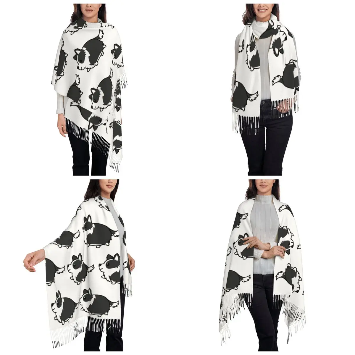 Cute Border Collie Scarf Tassel Scarves Women Soft Warm Shawls and Wraps Large Fall Winter Shawl Wrap