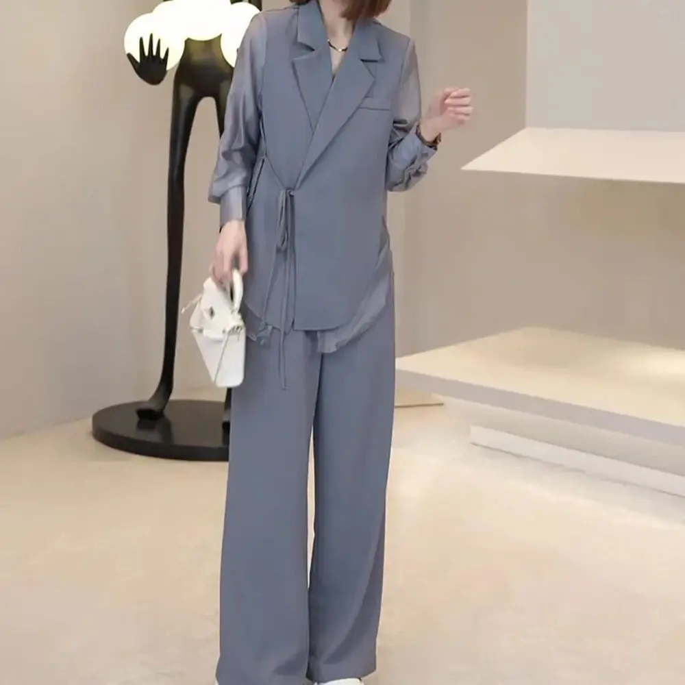 Solid Casual Suit Set Women Fashion Thin Summer Autumn Office Siren Patchwork Tulle Loose Fit Lace Up Outwear+Wide Leg Pants