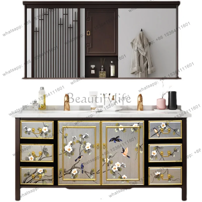 

New Chinese bathroom cabinet painted solid wood American country floor toilet washbasin