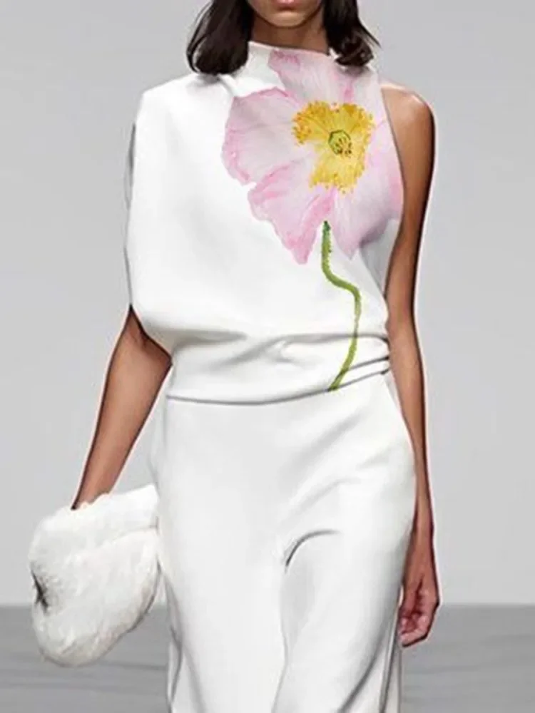 Uoozee Women Fashion Floral Printed High Neck Vest Tops 2024 New Summer Sleeveless Loose Asymmetric Casual White T-shirts
