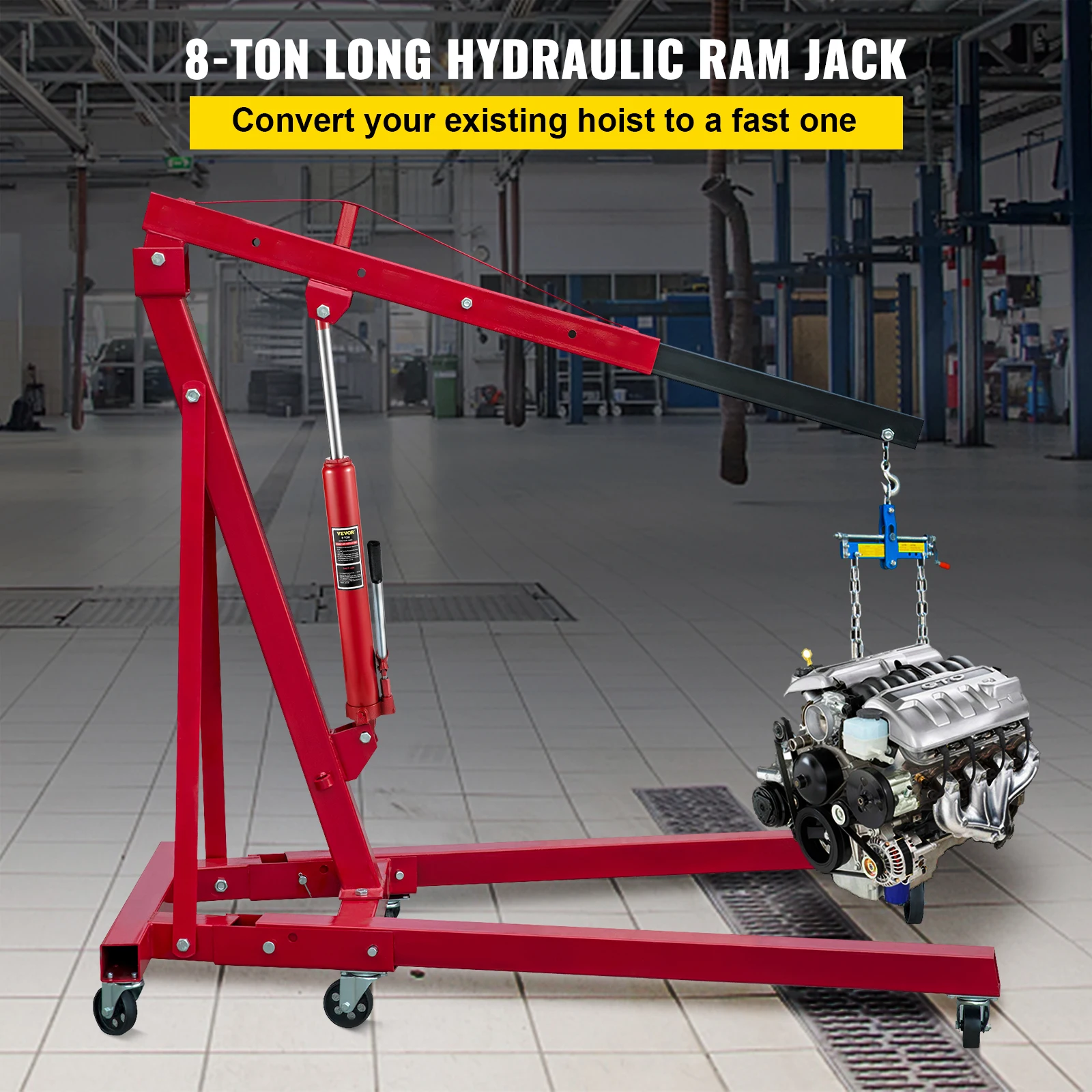 VEVOR Hydraulic Long Ram Jack 8 Tons/17363 lbs Clevis Base Manual Cherry Picker for Garage/Shop Cranes Engine Lift Hoist Red